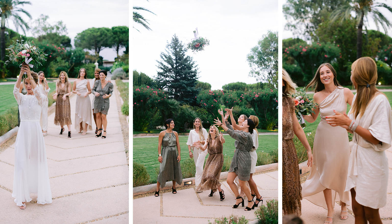 idee originale de lancer son bouquet, le marié tient dans la main sa boutonnière et s'apprête à la lancer derrière lui avec les invités hommes dans son dos